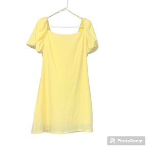 She + Sky Yellow bodycon dress size large with puff sleeves + opaque lining